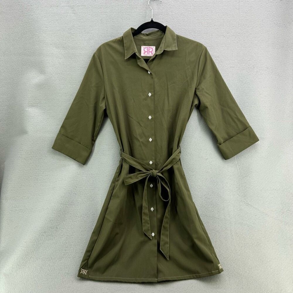 Double R Brand Army Green Button Front Tie Belt 3/4 Sleeve Shirt Dress Large